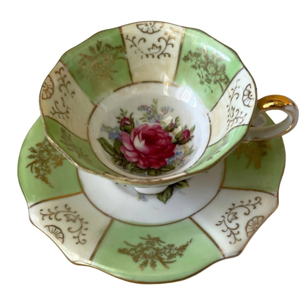 Teacup and Saucer Vintage Old Gold Japan Mint Green and Rose Floral Hand Painted